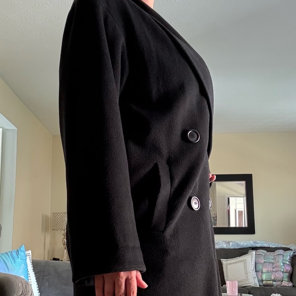 Anne Klein II Vintage Black Merino Wool and Angora Women’s Long Trench Pea Coat - Picture 15 of 16